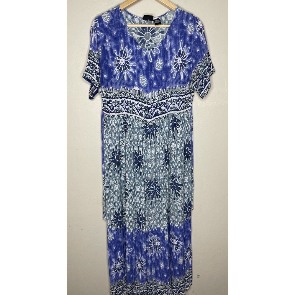 Vintage Bila Dress Blue White Silver Metallic Threads Size Small Hippie Bohemian